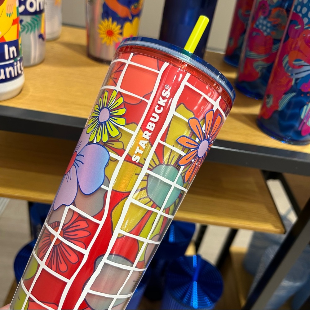 Starbucks Floral Stripped Cold Cup Insulated Iridescent Tumbler Venti 24oz New